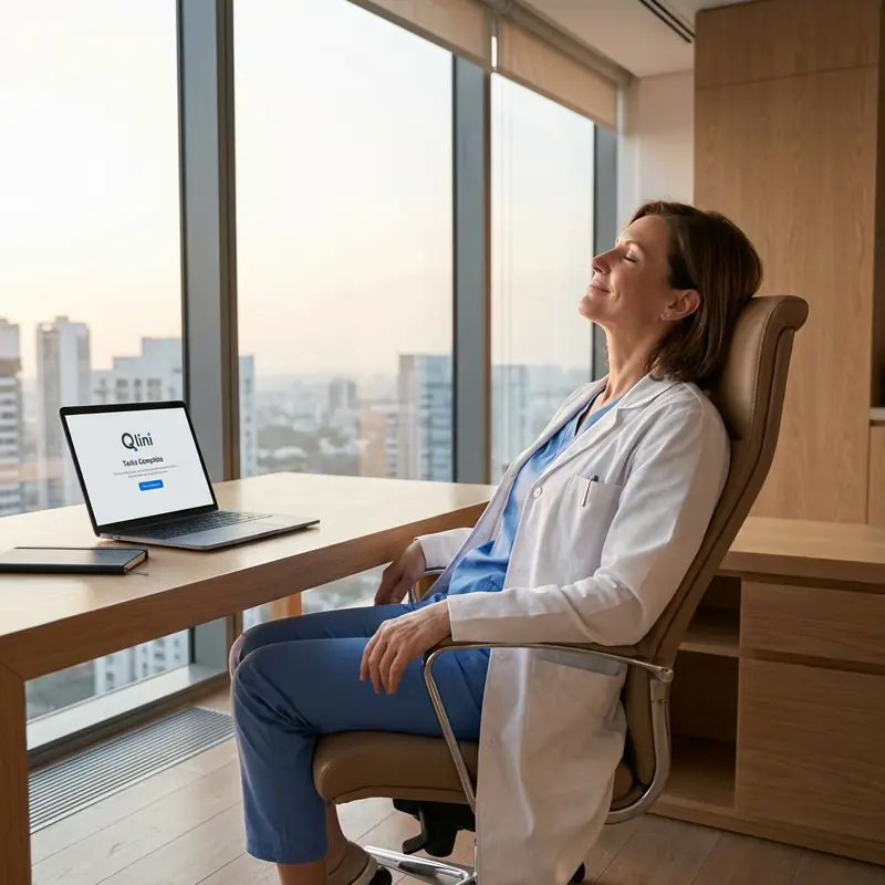 Doctora sonriendo con alivio tras terminar sus reportes RIPS