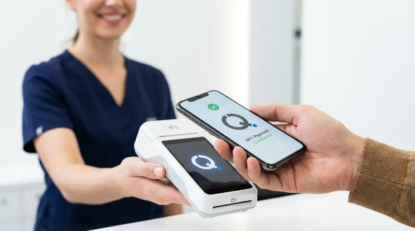 Paciente realizando un pago digital en la recepción