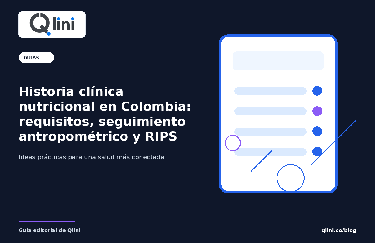 Portada editorial sobre Historia clínica nutricional en Colombia: requisitos, seguimiento antropométrico y RIPS — Qlini