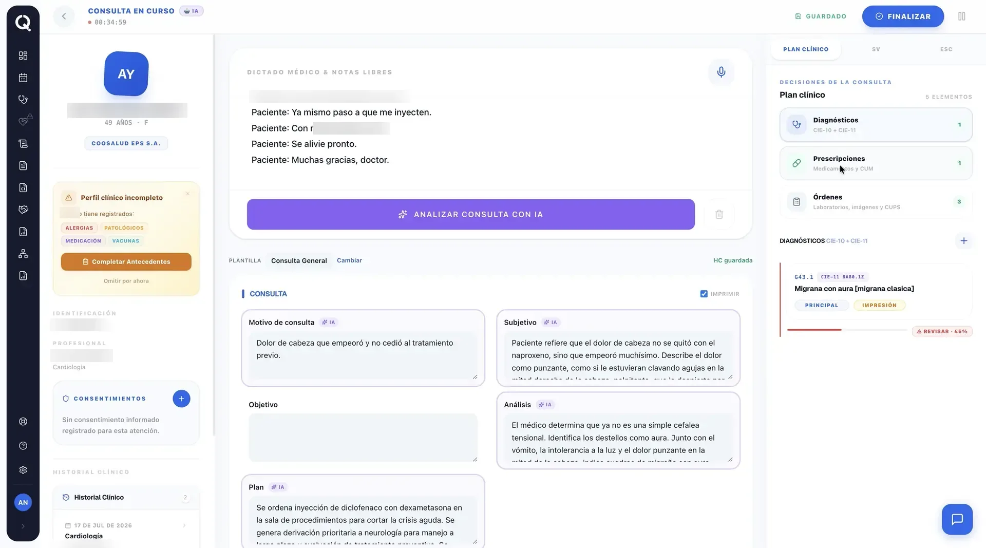 Consulta en Qlini analizada con IA: nota clínica estructurada, diagnóstico CIE-10 y CIE-11 codificado y plan clínico generado