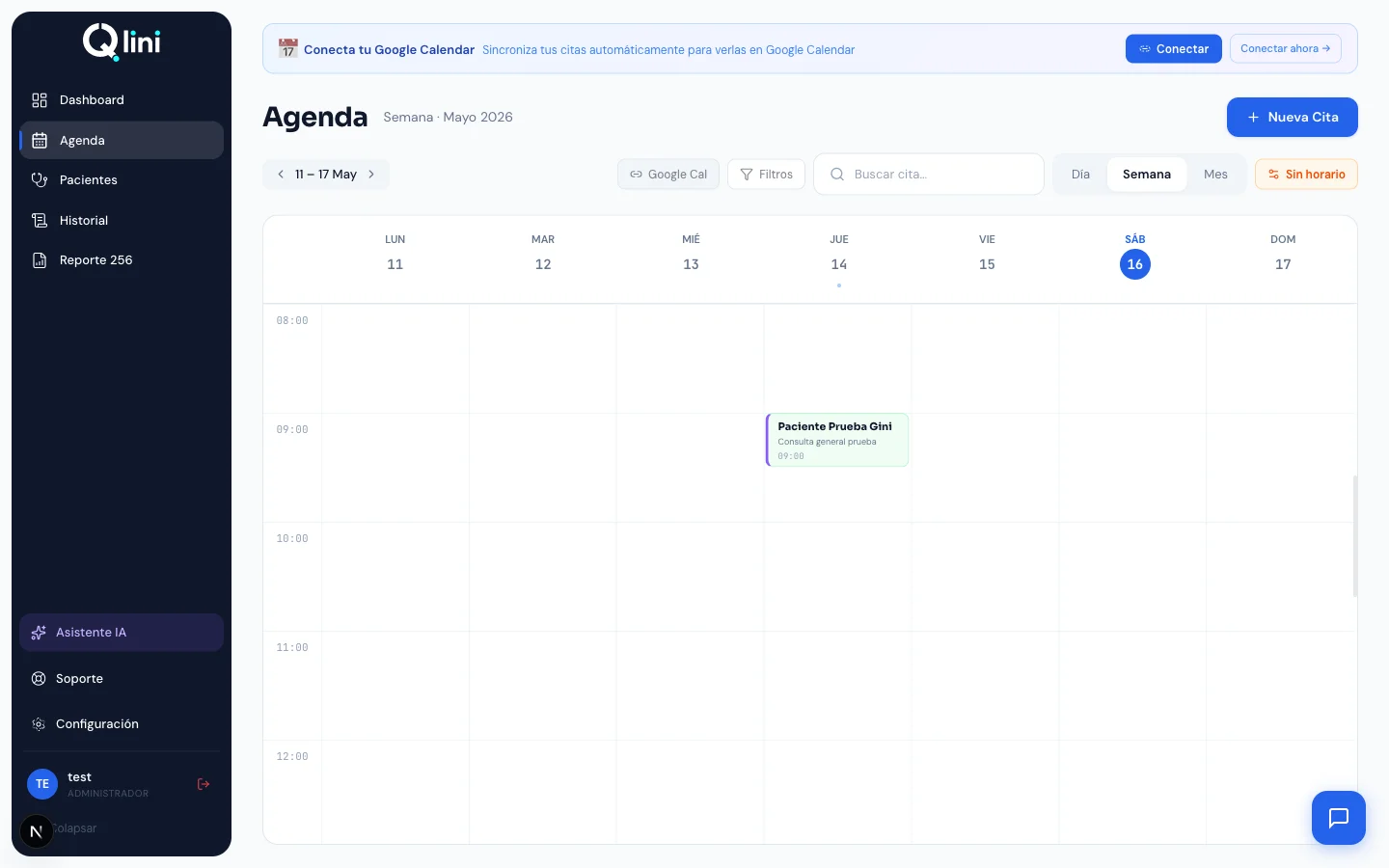 Pantalla de Agenda médica en Qlini, con datos de ejemplo