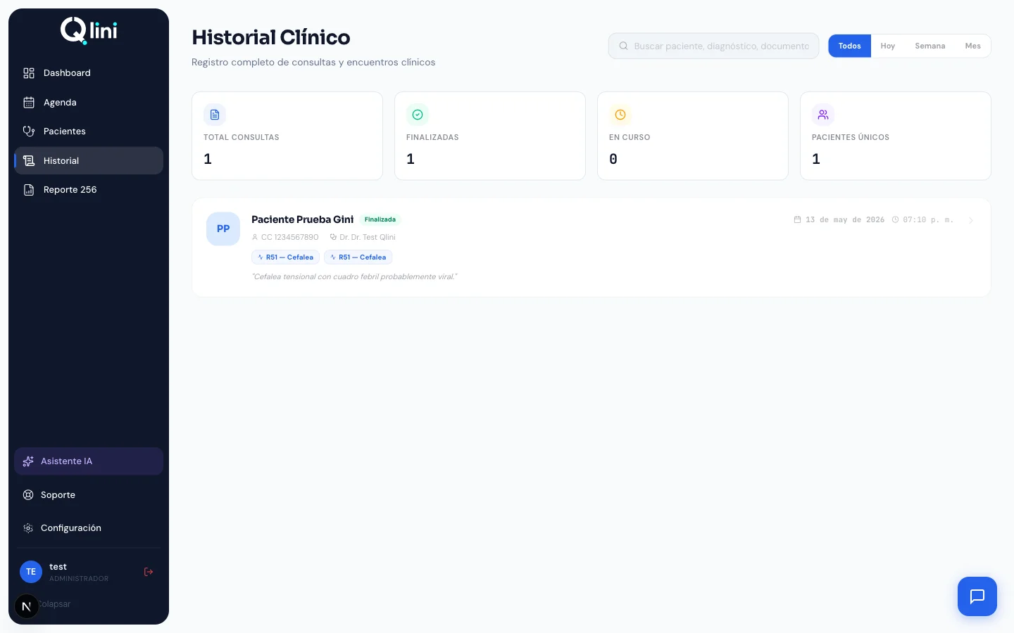 Pantalla de Historia clínica estructurada en Qlini, con datos de ejemplo