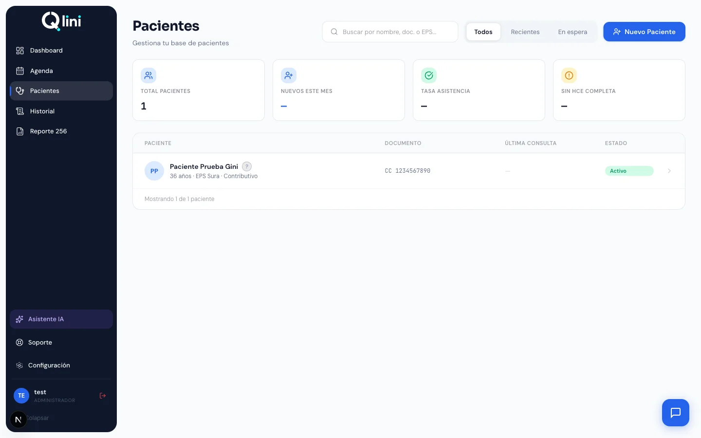 Pantalla de Gestión de pacientes en Qlini, con datos de ejemplo