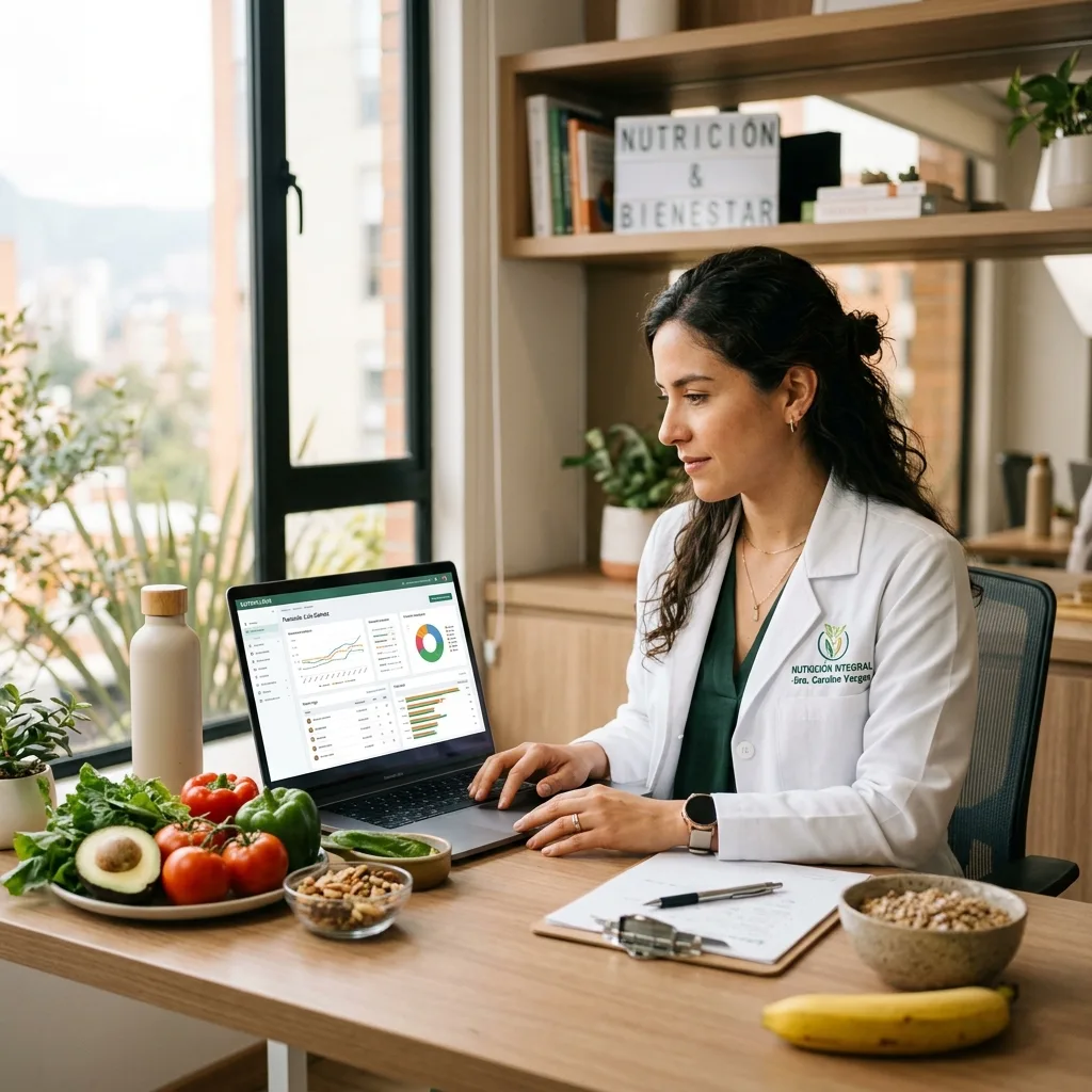 Nutricionista colombiana revisando historia clínica nutricional y plan alimentario en laptop con Qlini