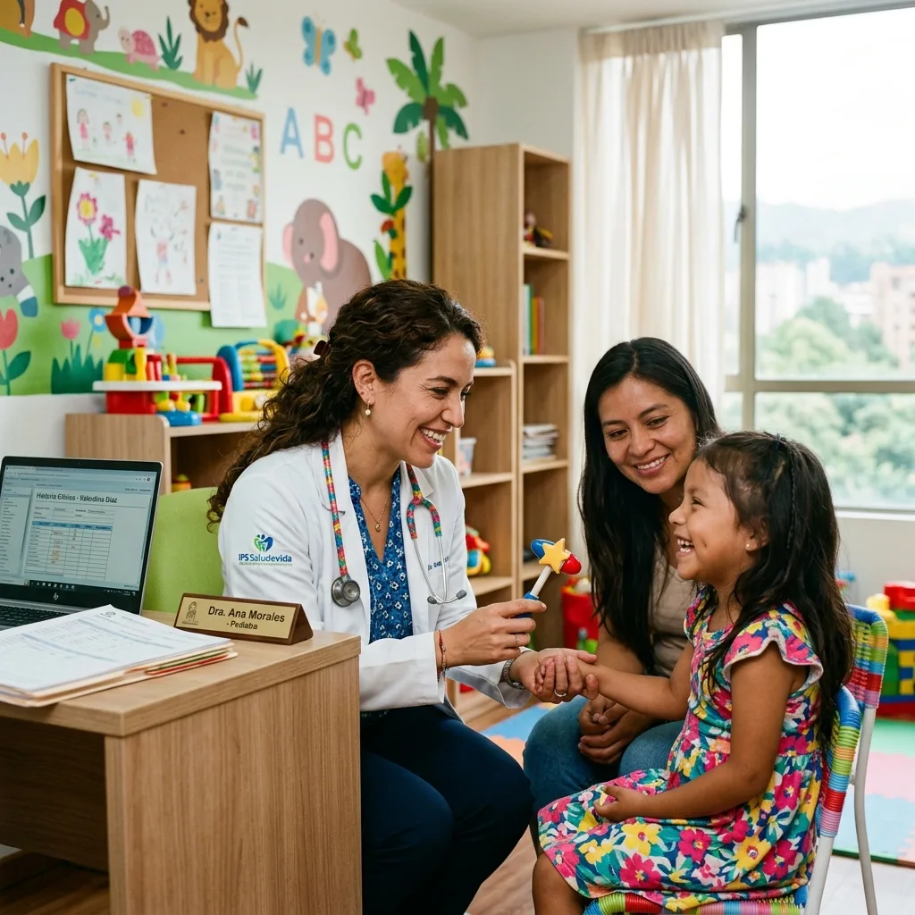 Pediatra colombiana atendiendo a niña con su mamá en consultorio amigable, usando Qlini para gestionar la historia clínica