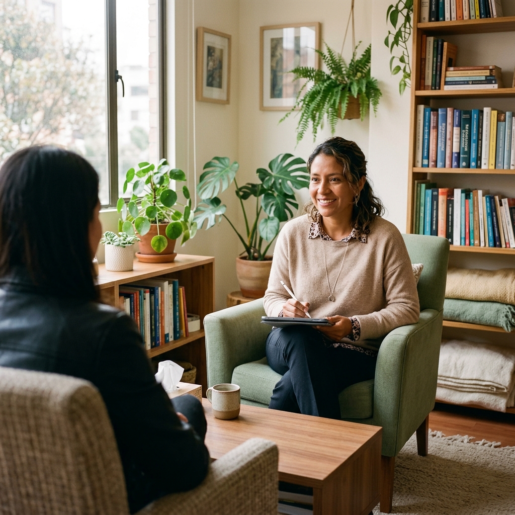 Psicóloga colombiana tomando notas de sesión en tablet durante consulta, con Qlini gestionando la historia clínica psicológica
