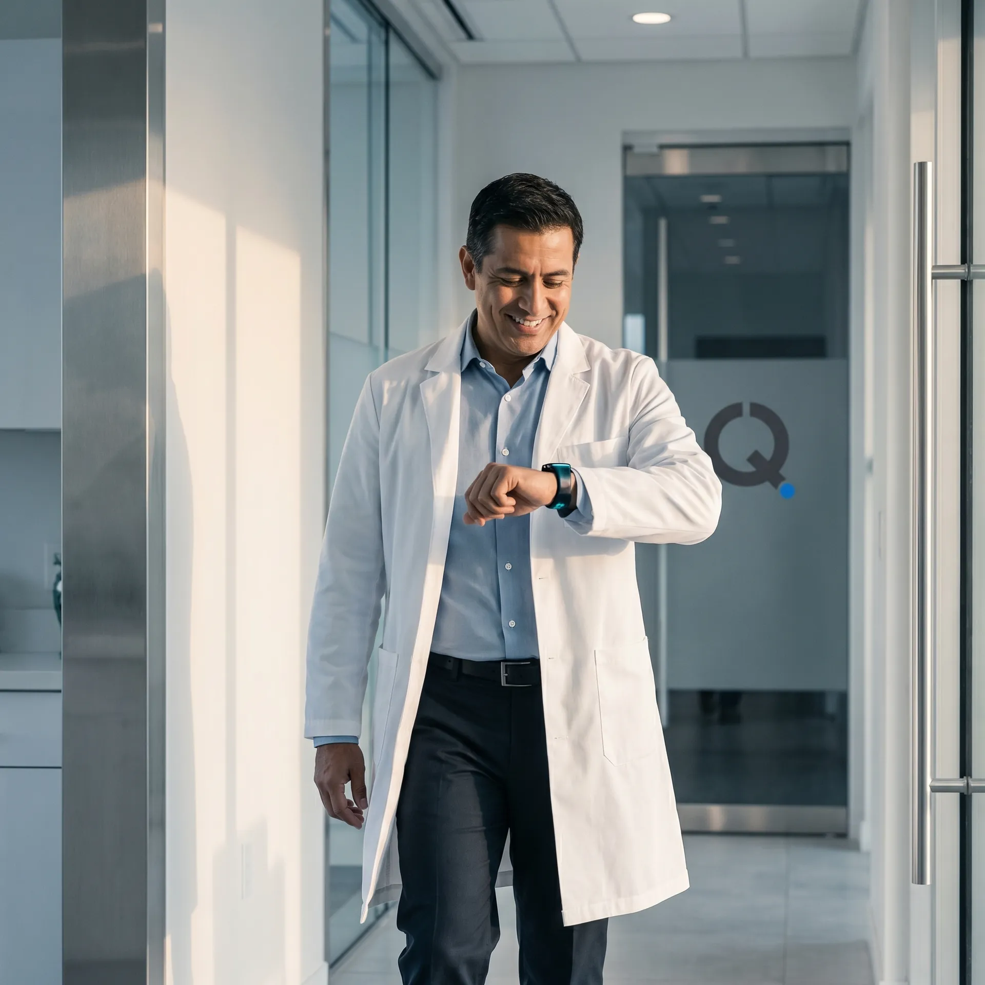 Médico saliendo del consultorio a tiempo mirando Apple Watch, RIPS automáticos