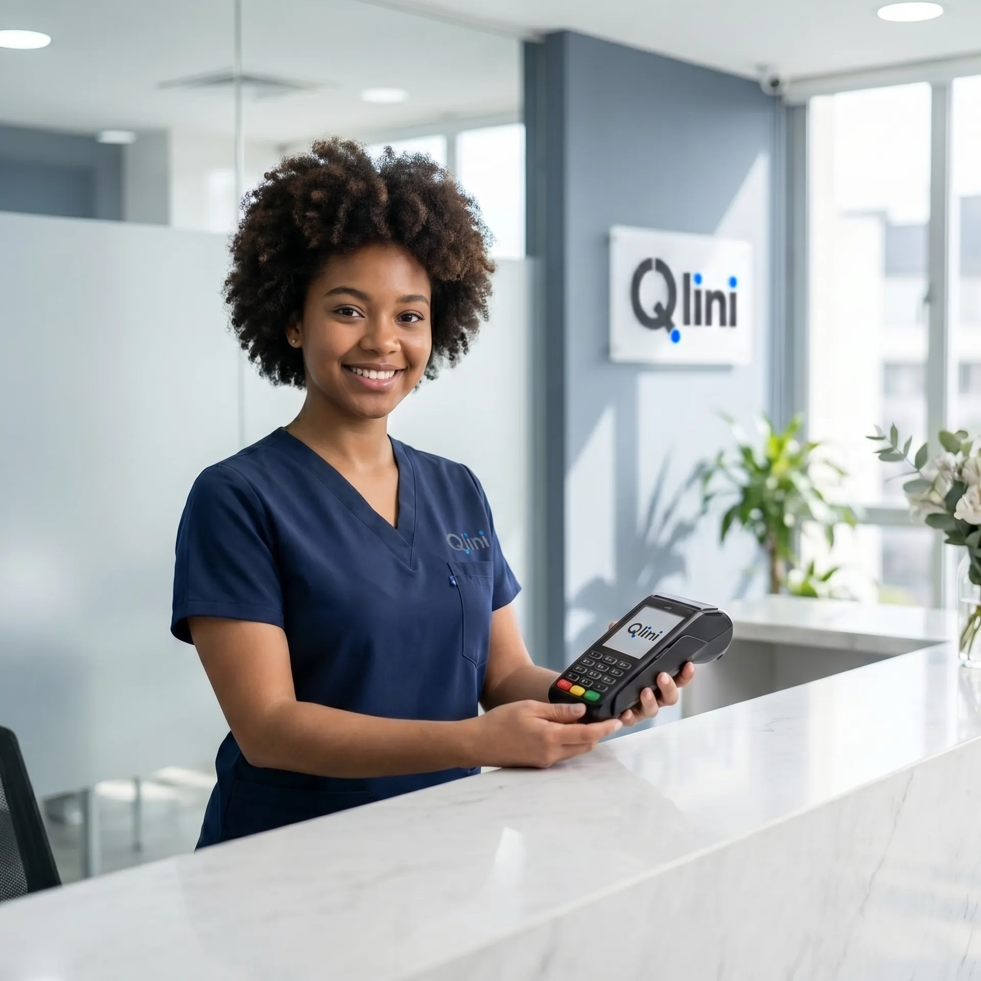 Recepcionista sonriendo en clínica moderna con datáfono Wompi